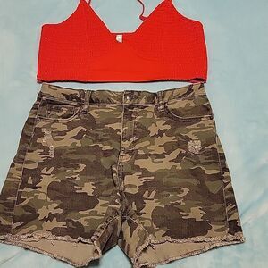 Vanilla Star camo shorts size 13 &  Zenana red halter top CLEARANCE